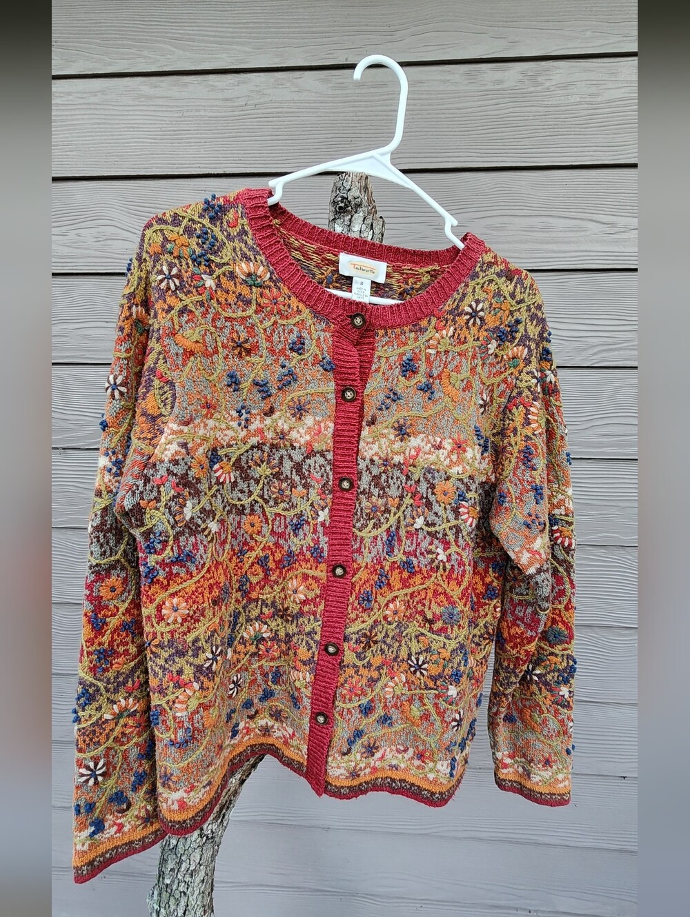 Talbots Silk Cotton Wool Linen Blend Knit Cardigan with Red Trim